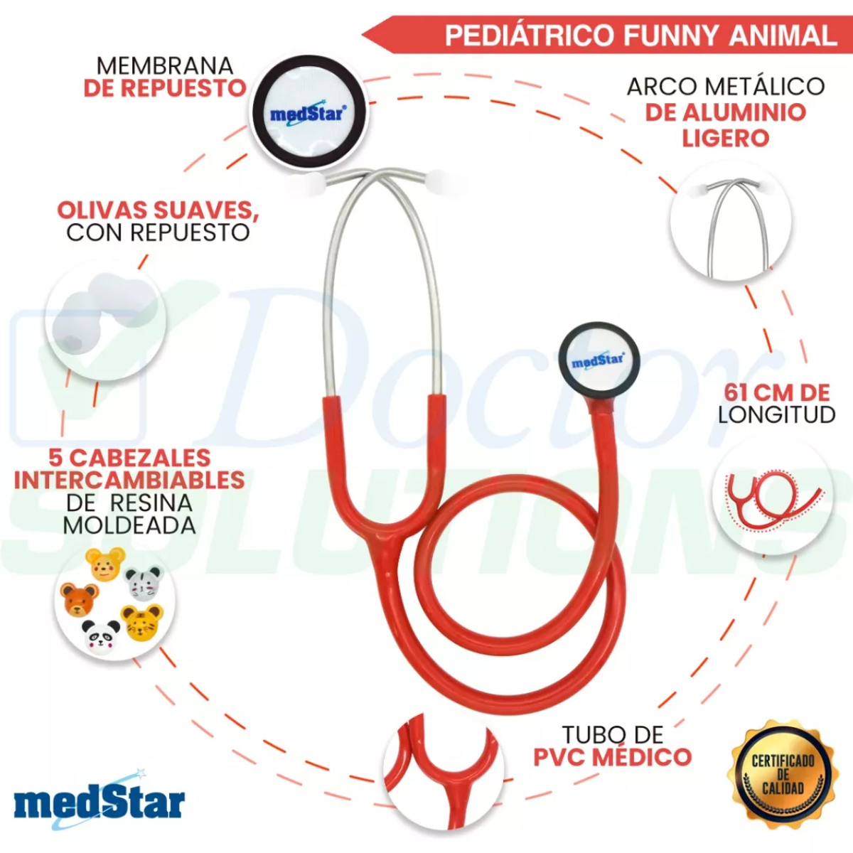 Foto 4 pulgar | Estetoscopio Pediátrico MedStar 30E Rojo de 1 Campana Funny Animal