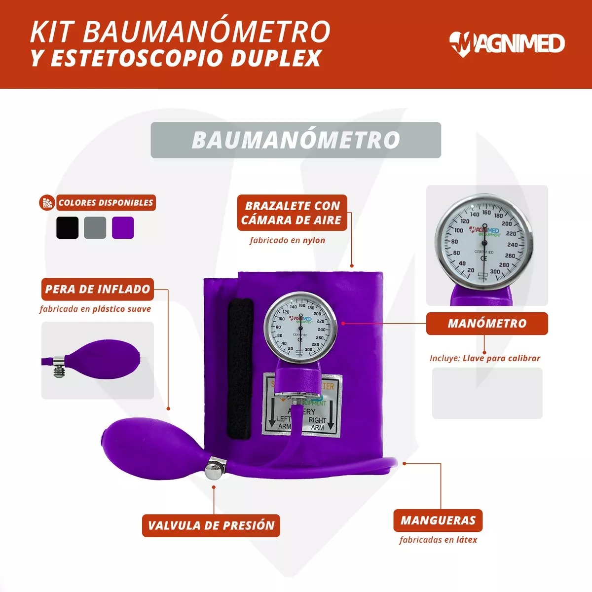 Foto 4 pulgar | Kit Baumanómetro Y Estetoscopio Profesional Duplex de Doble Campana Con Estuche Portátil Morado Magnimed