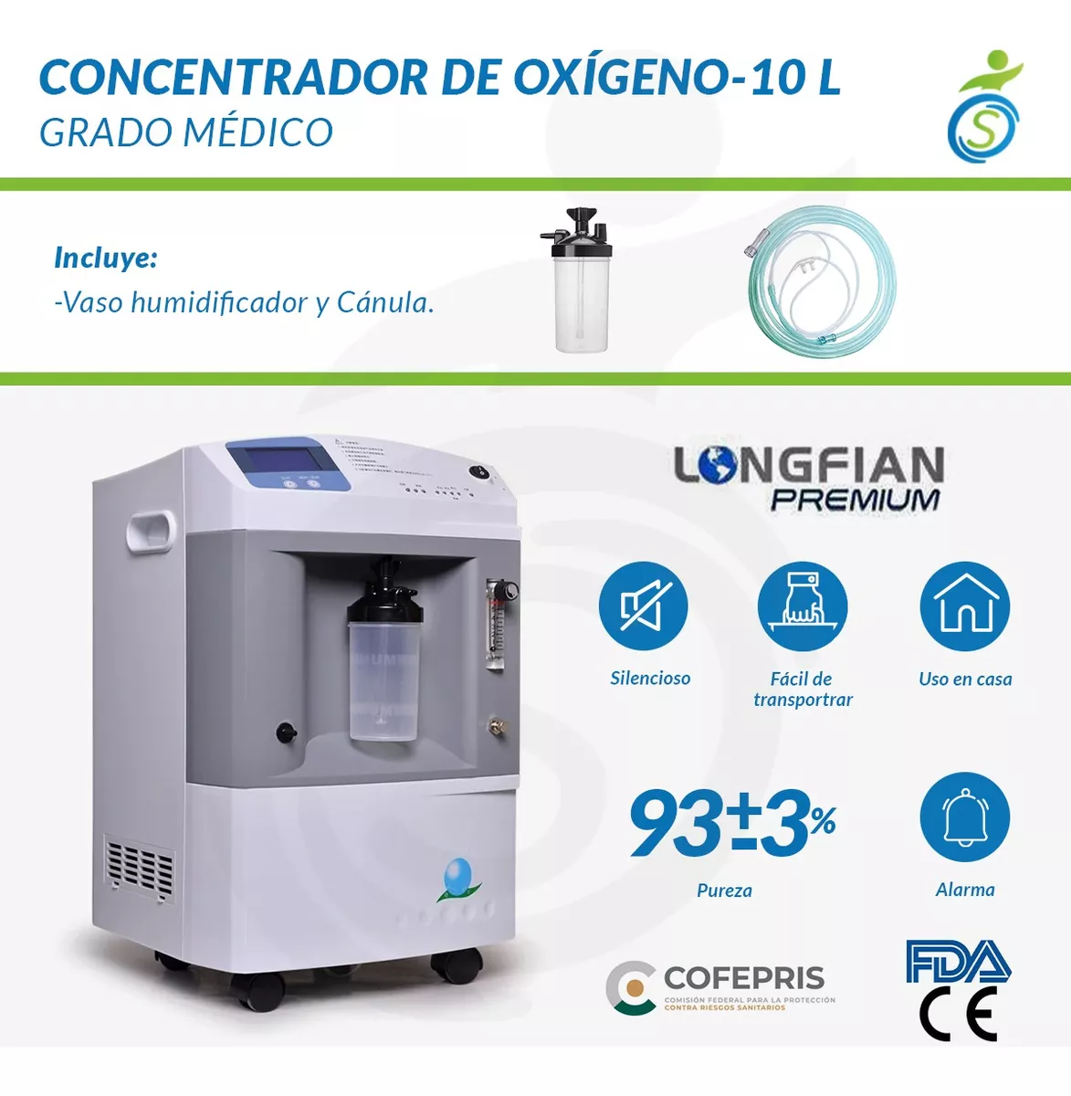 Foto 3 pulgar | Concentrador De Oxigeno 10 Litros / Grado Medico Longfian 24/7