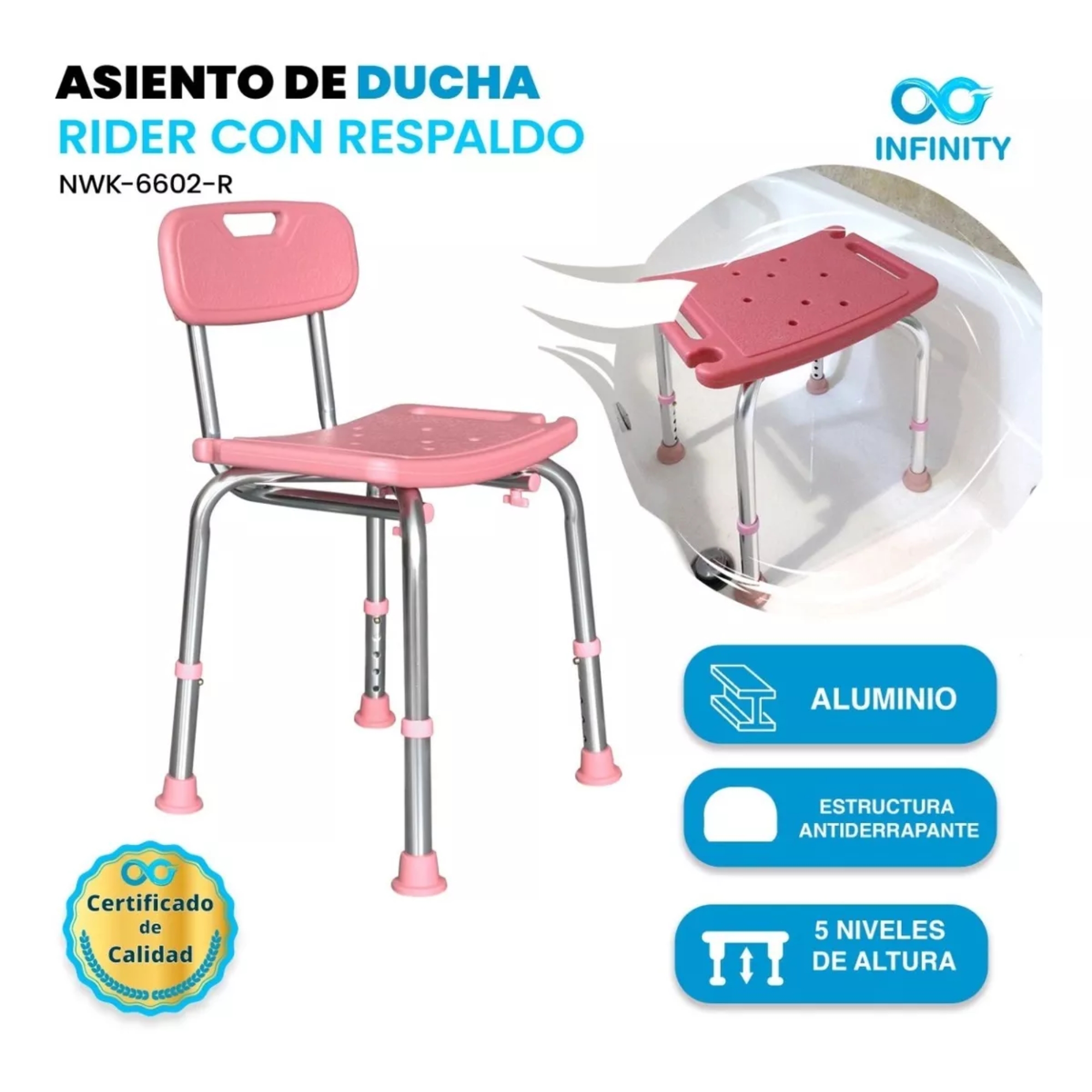 Foto 3 pulgar | Silla Banco de Ducha Rider 6602-r color Rosa con Altura Ajustable