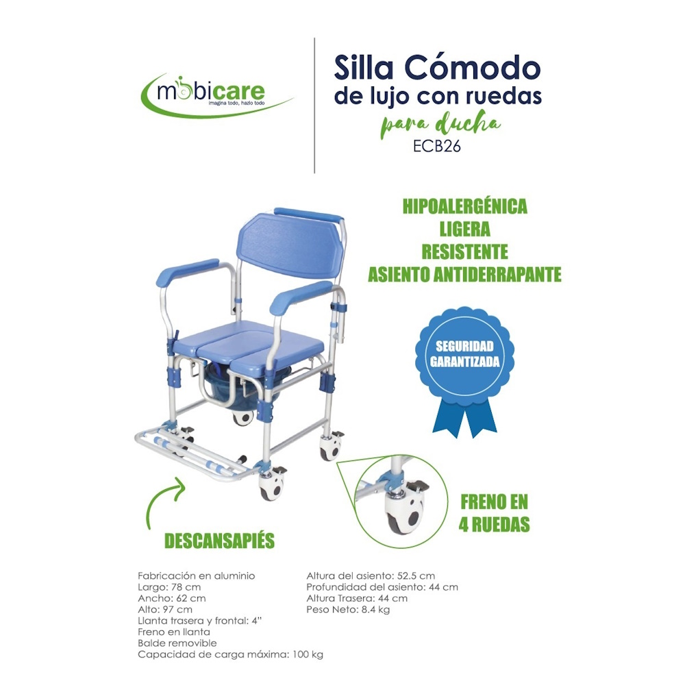 Foto 6 pulgar | Silla Aluminio Freno Llanta P/duchas Azul Mobicare