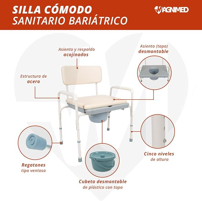 Foto 6 | Silla Cómodo Sanitario Bariátrico | Estructura De Aluminio, Cubeta Con Tapa, Cinco Niveles De Altura
