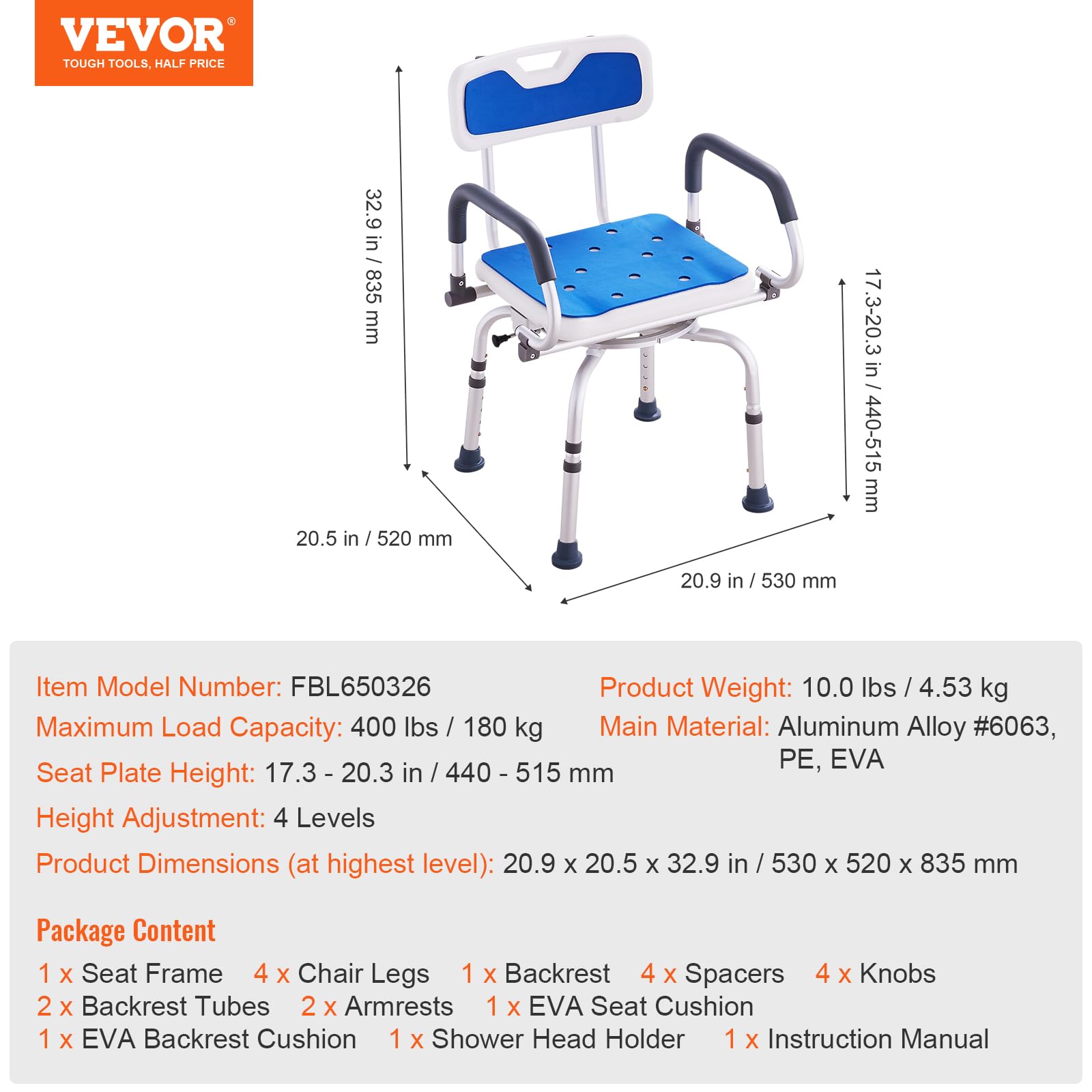 Foto 8 pulgar | Silla De Ducha Giratoria Vevor 360° Con Brazos Giratorios - Venta Internacional.