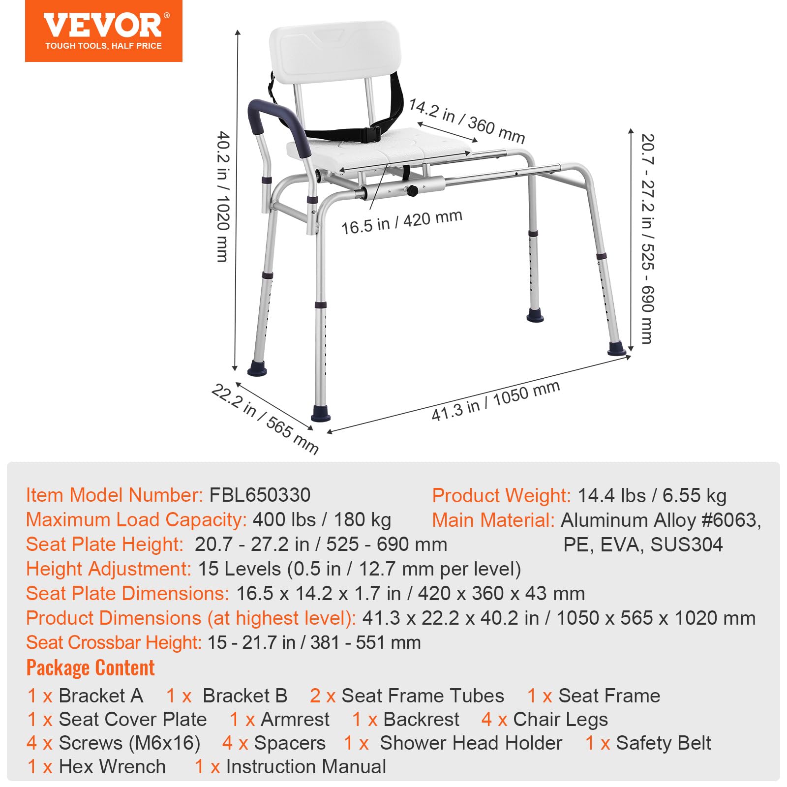 Foto 8 pulgar | Banco Corredizo De Transferencia Para Bañera Vevor, Altura Ajustable, 400 Kg - Venta Internacional.