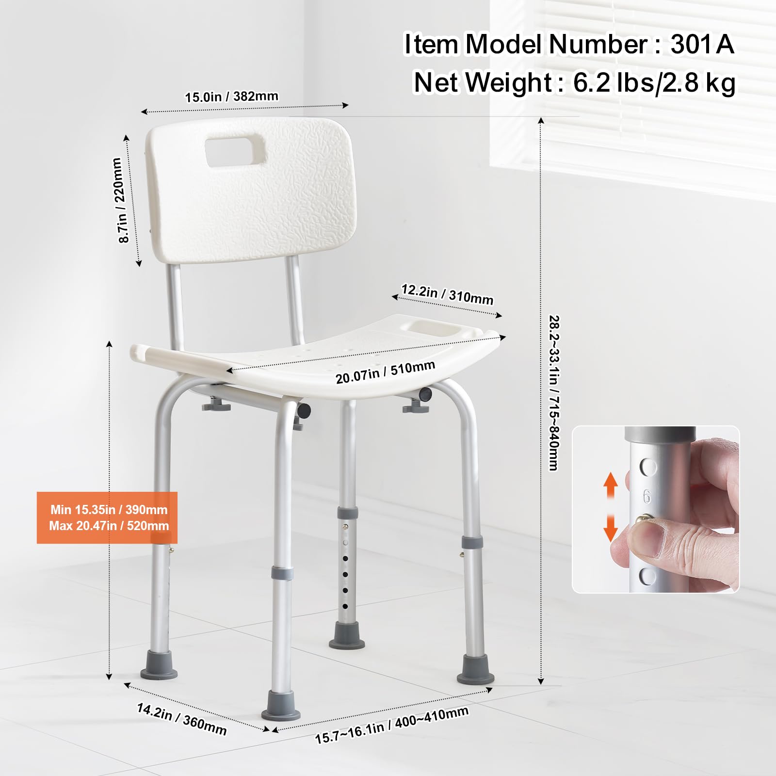 Foto 7 pulgar | Silla De Ducha Vevor Ajustable En Altura Con Respaldo De 158,8 Kg De Capacidad - Venta Internacional.