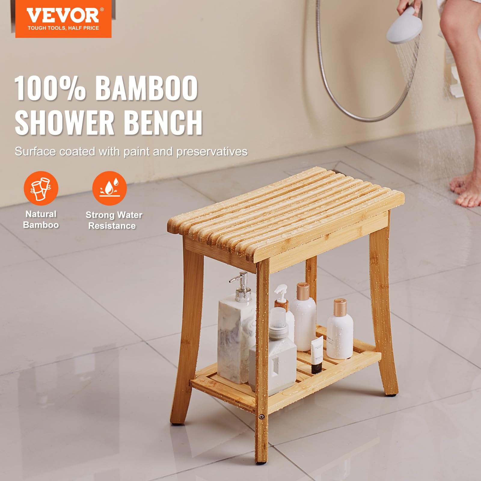 Foto 3 pulgar | Banco De Ducha Vevor Bamboo Impermeable Con Tapa De Almacenamiento De 150 Kg. - Venta Internacional.