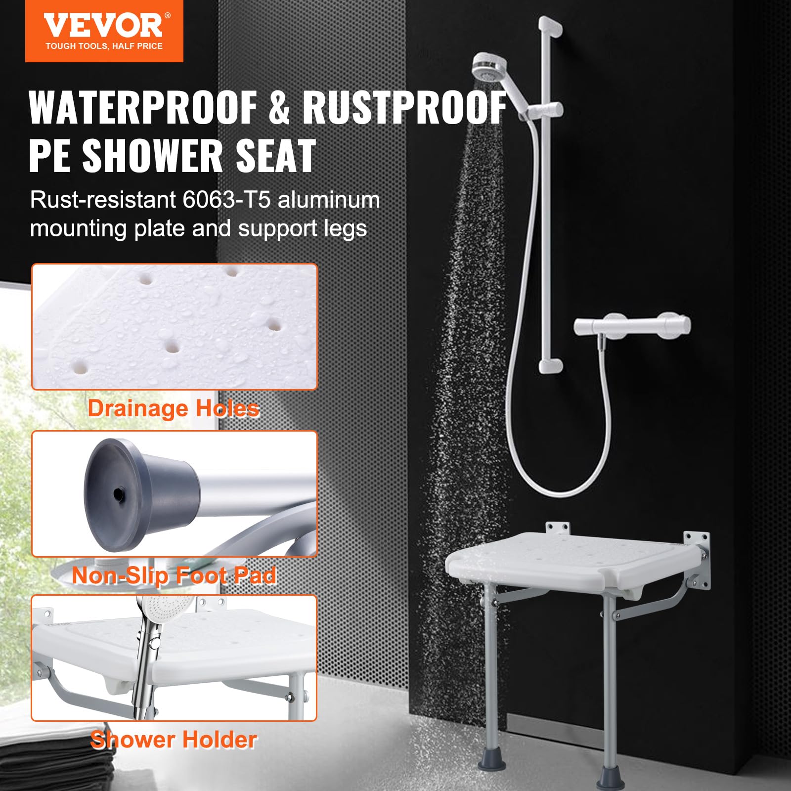 Foto 3 pulgar | Asiento De Ducha Plegable Vevor Pe De 40 Cm X 37,5 Cm Montado En La Pared - Venta Internacional.