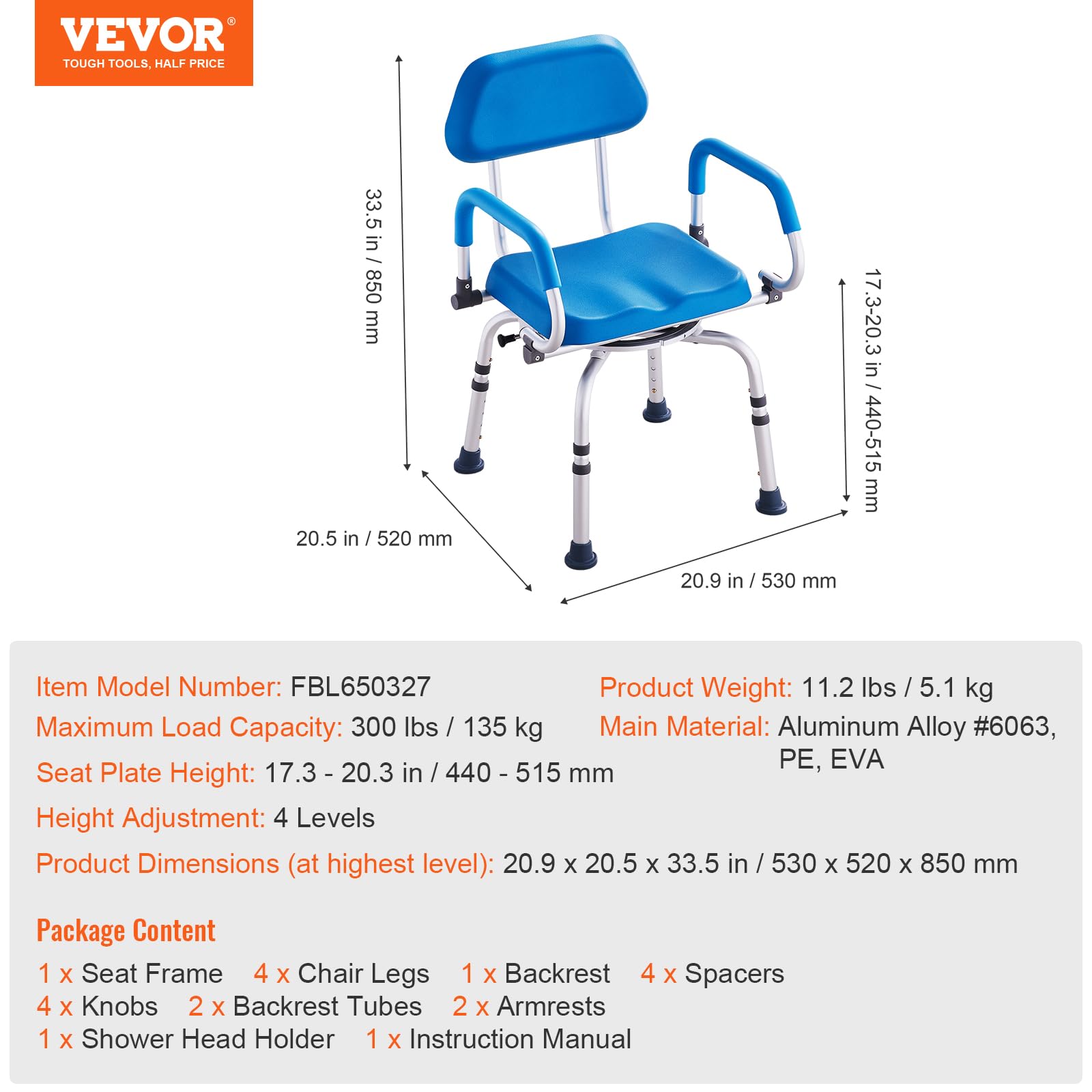 Foto 8 pulgar | Silla De Ducha Vevor, Con Asiento De Baño Acolchado, Giratorio Y Ajustable 360° - Venta Internacional.