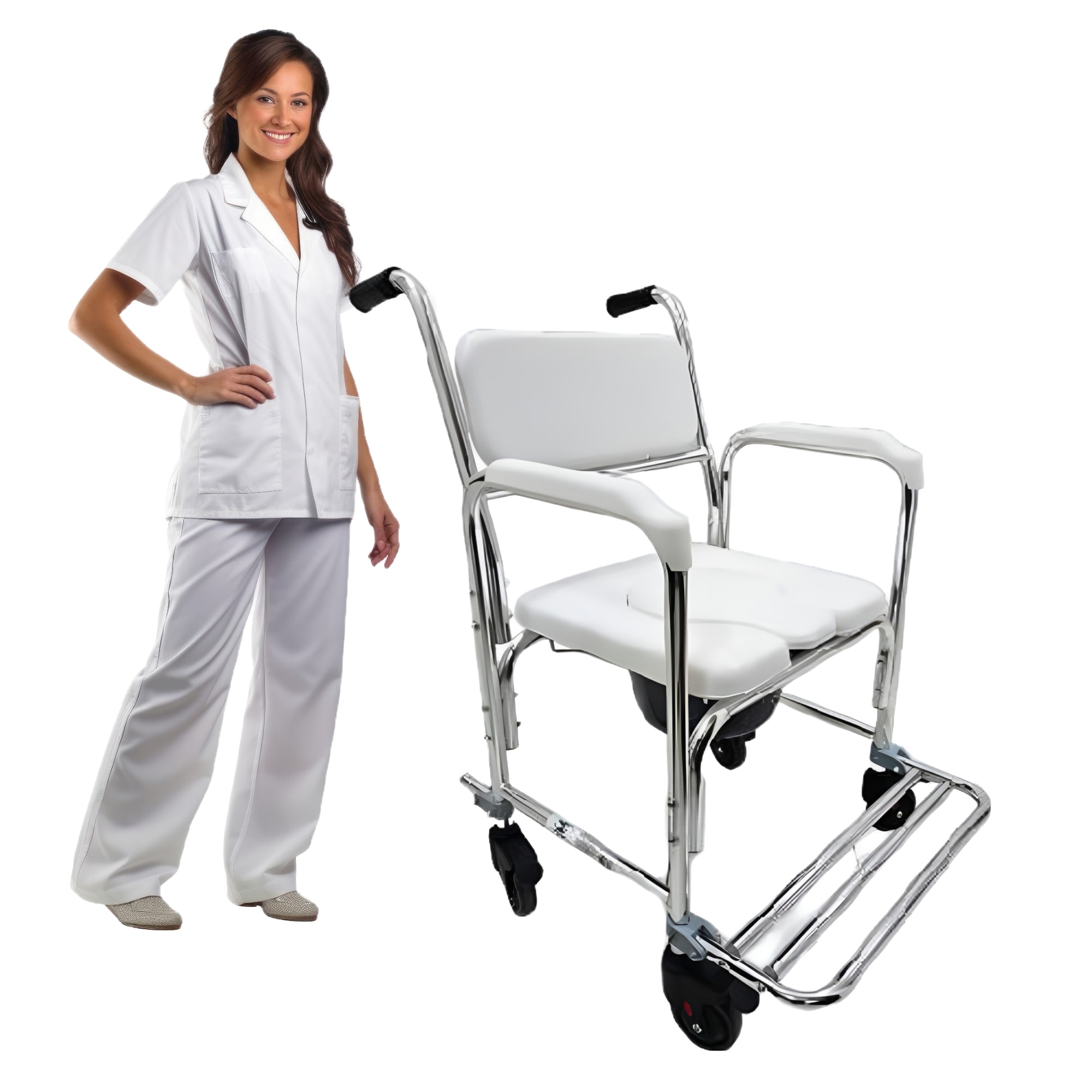 Silla 3 En 1 Con Ruedas Para Adulto Mayor | Palanca Para Escalón | Inodoro Portátil, Ducha Y Silla De Ruedas | Asiento Acolchado