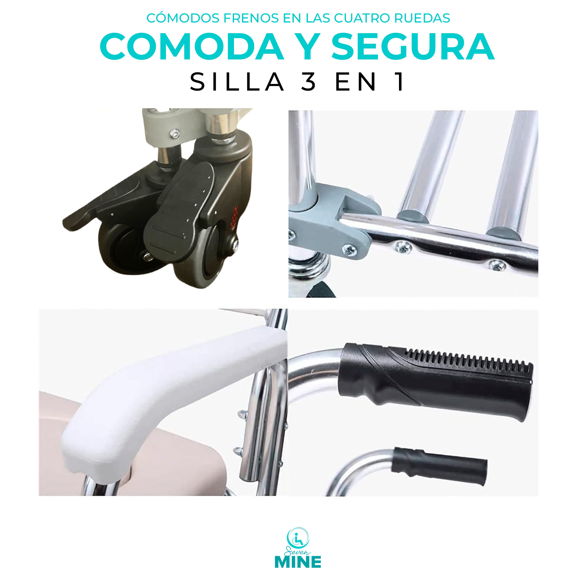 Foto 7 pulgar | Silla 3 En 1 Con Ruedas Para Adulto Mayor | Palanca Para Escalón | Inodoro Portátil, Ducha Y Silla De Ruedas |