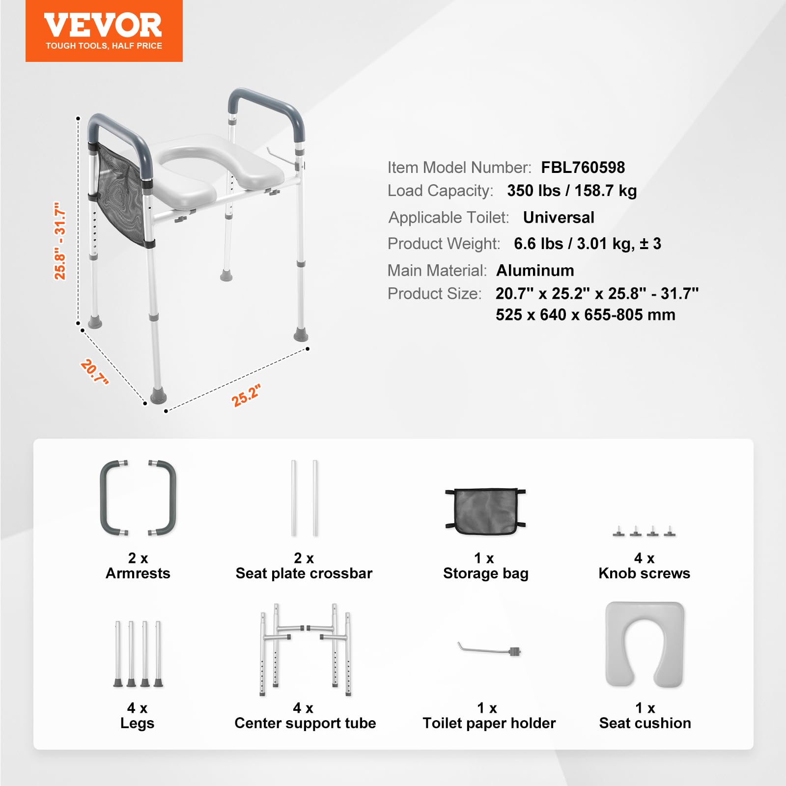 Foto 8 pulgar | Asiento De Inodoro Elevado Vevor, 7 Posiciones, Altura 19,3 — 25,2 160 Kg - Venta Internacional.