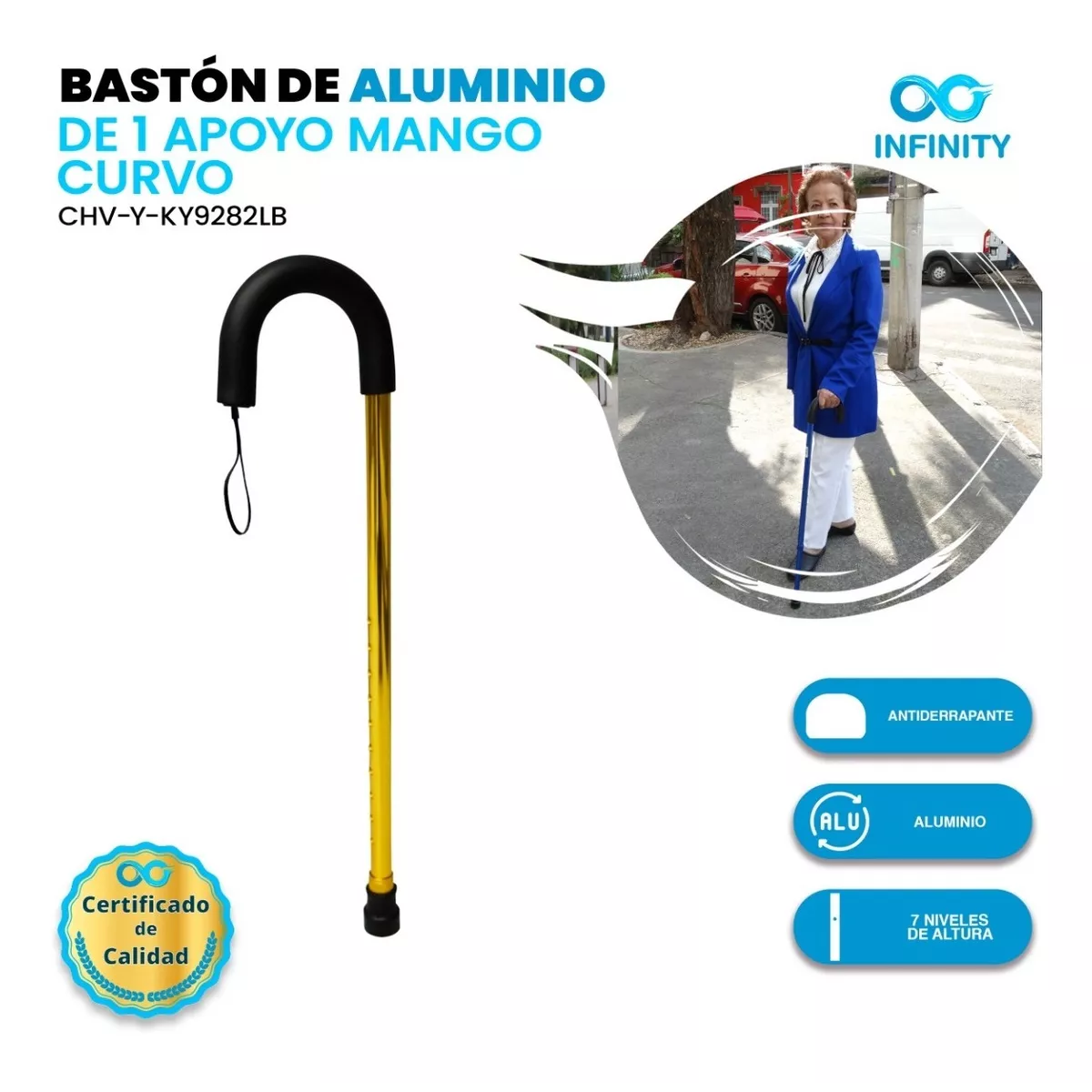 Foto 3 pulgar | Bastón De Aluminio Mango Curvo Infinity Antiderrapante
