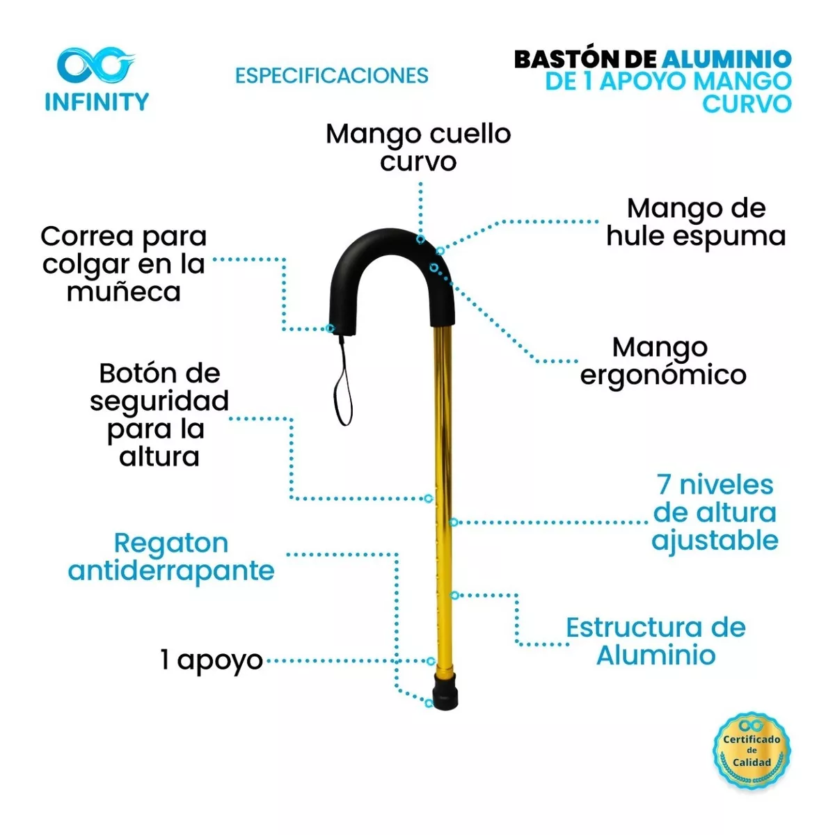 Foto 4 pulgar | Bastón De Aluminio Mango Curvo Infinity Antiderrapante