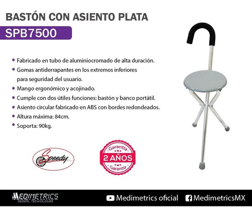 Foto 3 pulgar | Bastón Con Asiento Integrado Plata Mango Acojinado Speedy