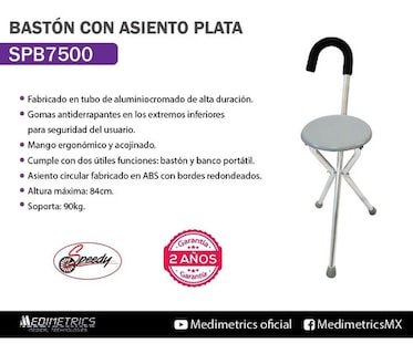 Foto 2 | Bastón Con Asiento Integrado Plata Mango Acojinado Speedy