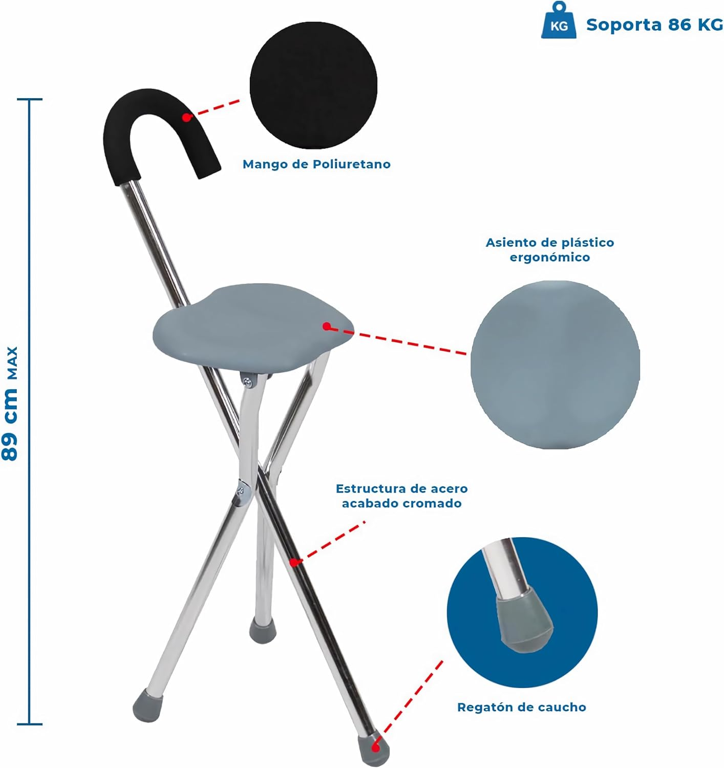 Foto 3 pulgar | Baston Plegable Con Asiento  Portátil Para Viaje | Silla Para Paseo Soporta Hasta 85 Kg