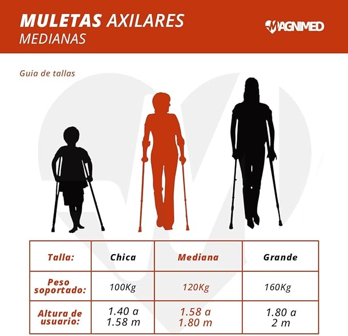 Foto 4 pulgar | Muletas Medianas De Aluminio - Soportan Hasta 90kg, Axilares Acojinados, Regatones Antiderrapantes