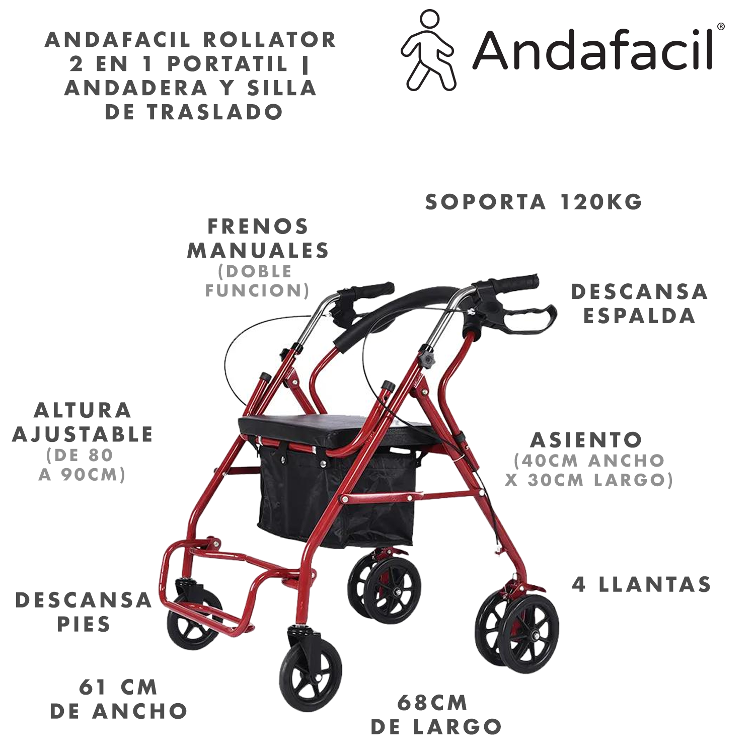 Foto 3 pulgar | Andadera Y Silla De Traslado Andafacil Rollator 2 En 1 Portátil