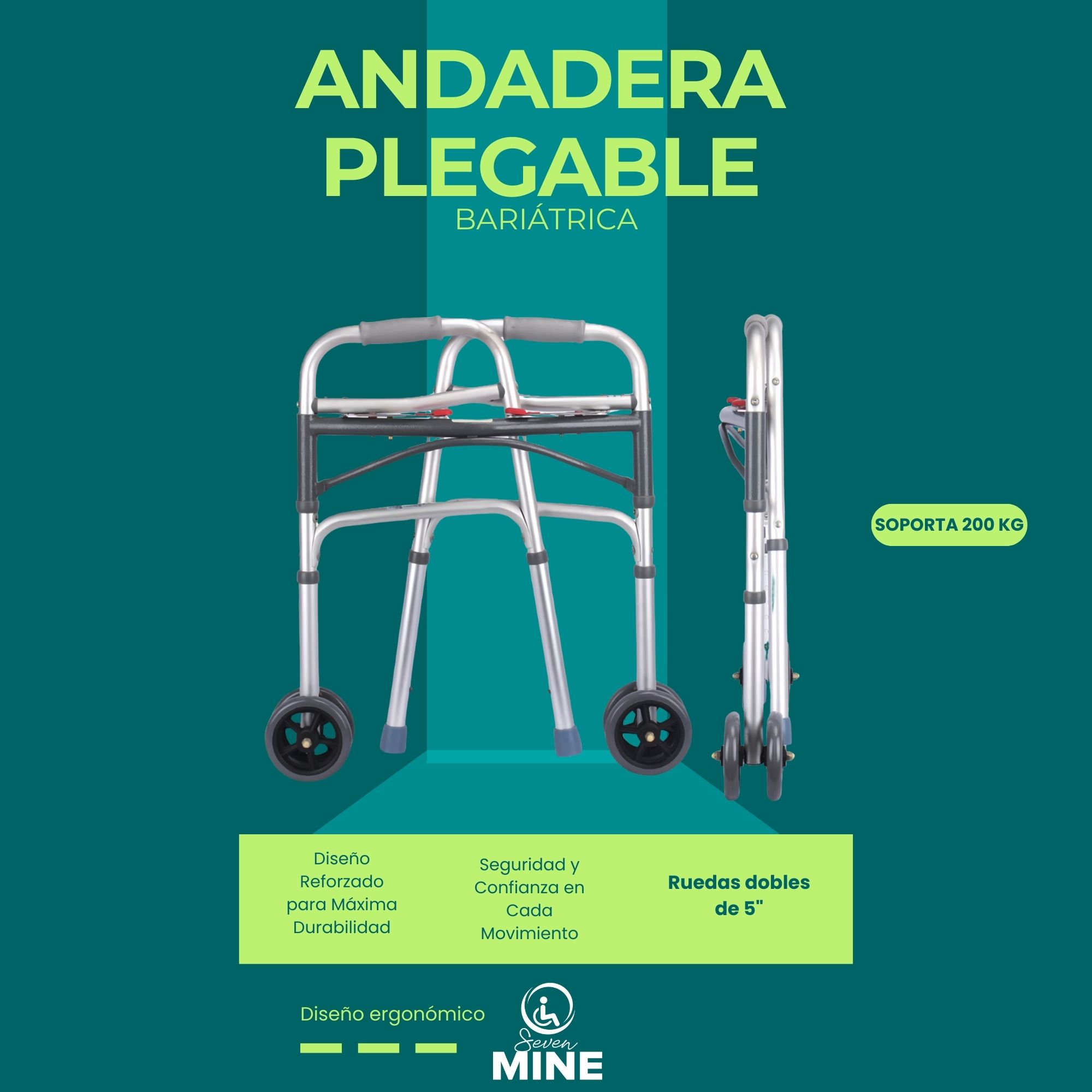 Foto 6 | Andadera Bariátrica Soporta 200 Kg | Llantas Delanteras Dobles 5”