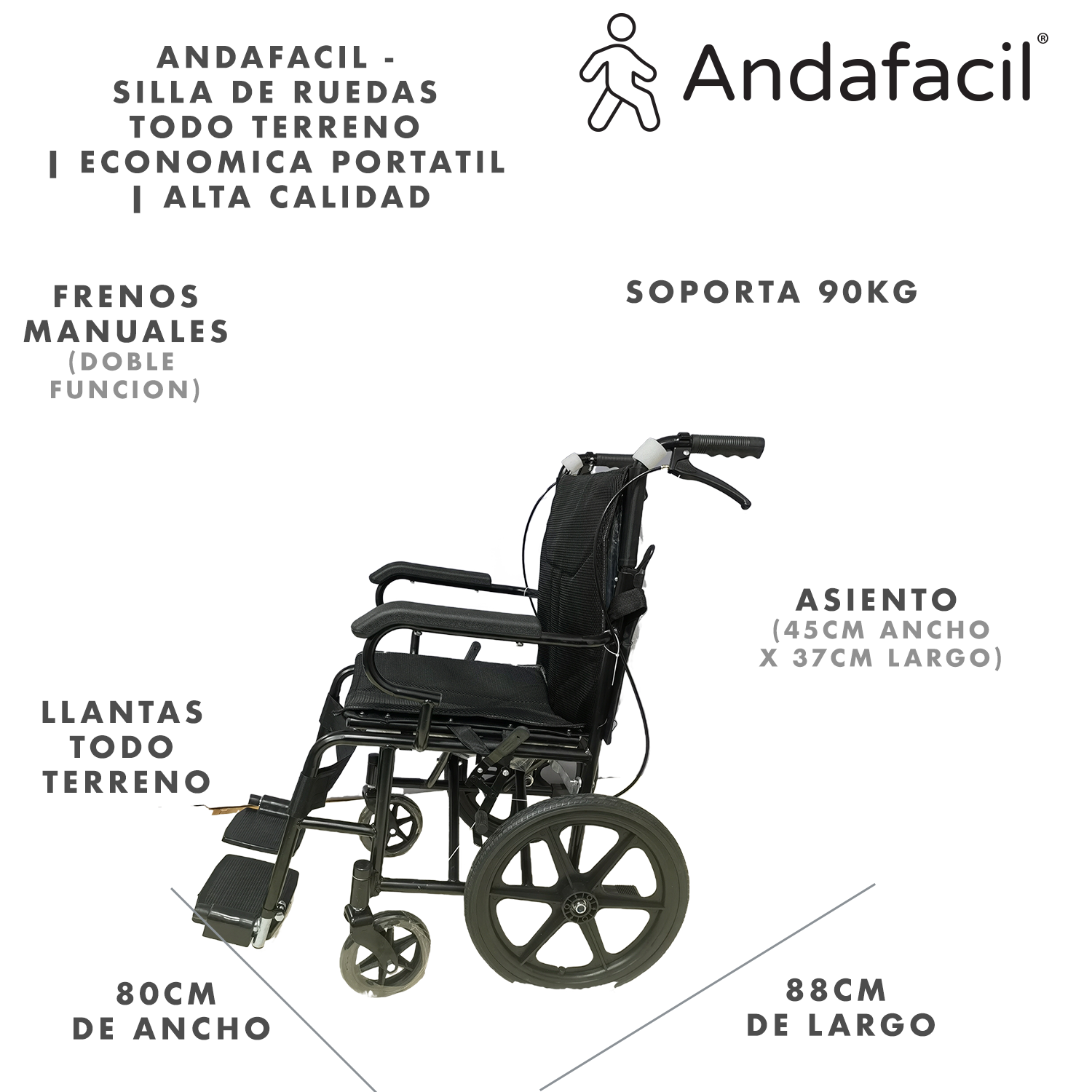 Foto 3 pulgar | Silla de Ruedas Andafacil Todoterreno Negra