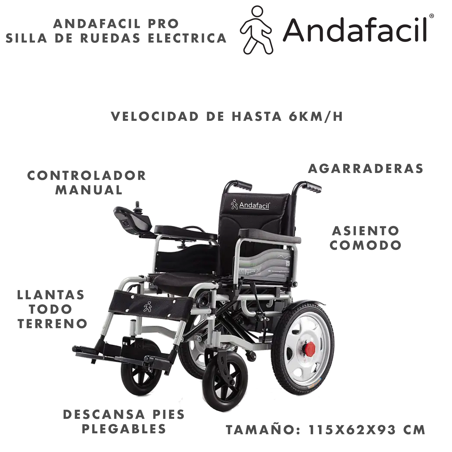 Foto 3 pulgar | Silla de Ruedas Eléctrica Andafacil Negra Plegable Todoterreno