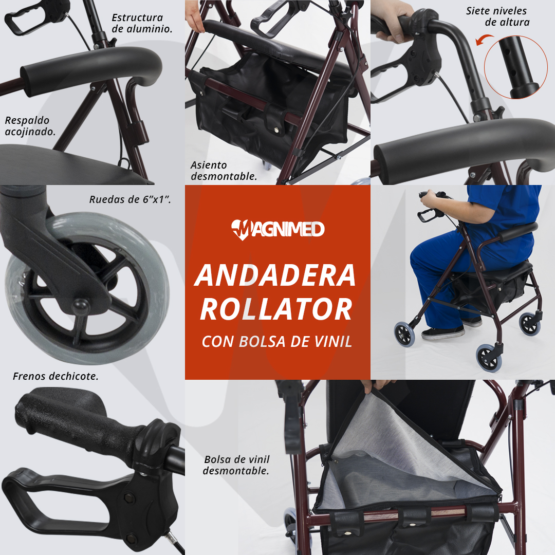 Foto 6 pulgar | Andadera Rollator Vino Con Bolsa De Vinil | Estructura De Aluminio, Ajuste De Altura, Ruedas Y Frenos