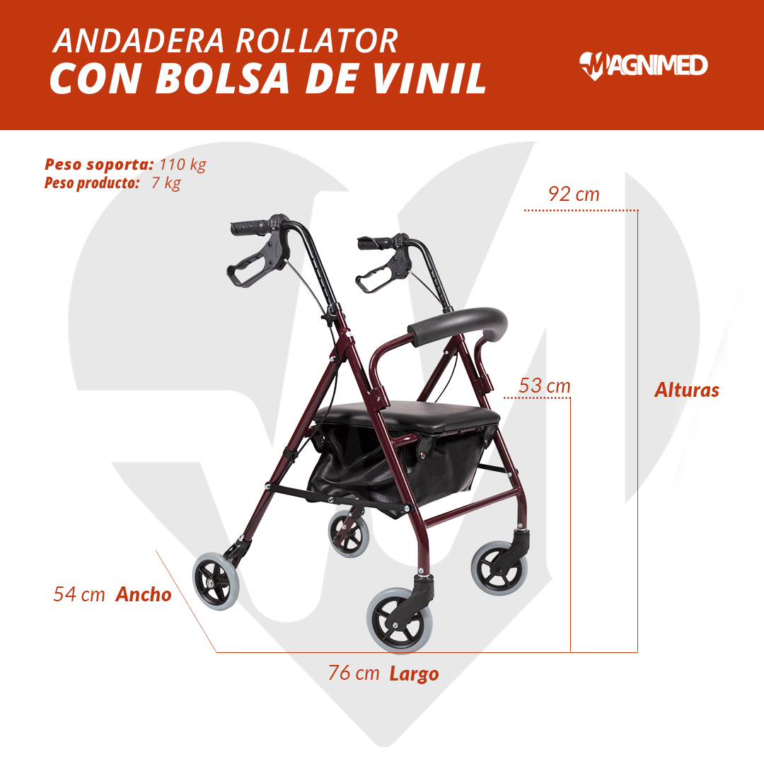 Foto 7 pulgar | Andadera Rollator Vino Con Bolsa De Vinil | Estructura De Aluminio, Ajuste De Altura, Ruedas Y Frenos