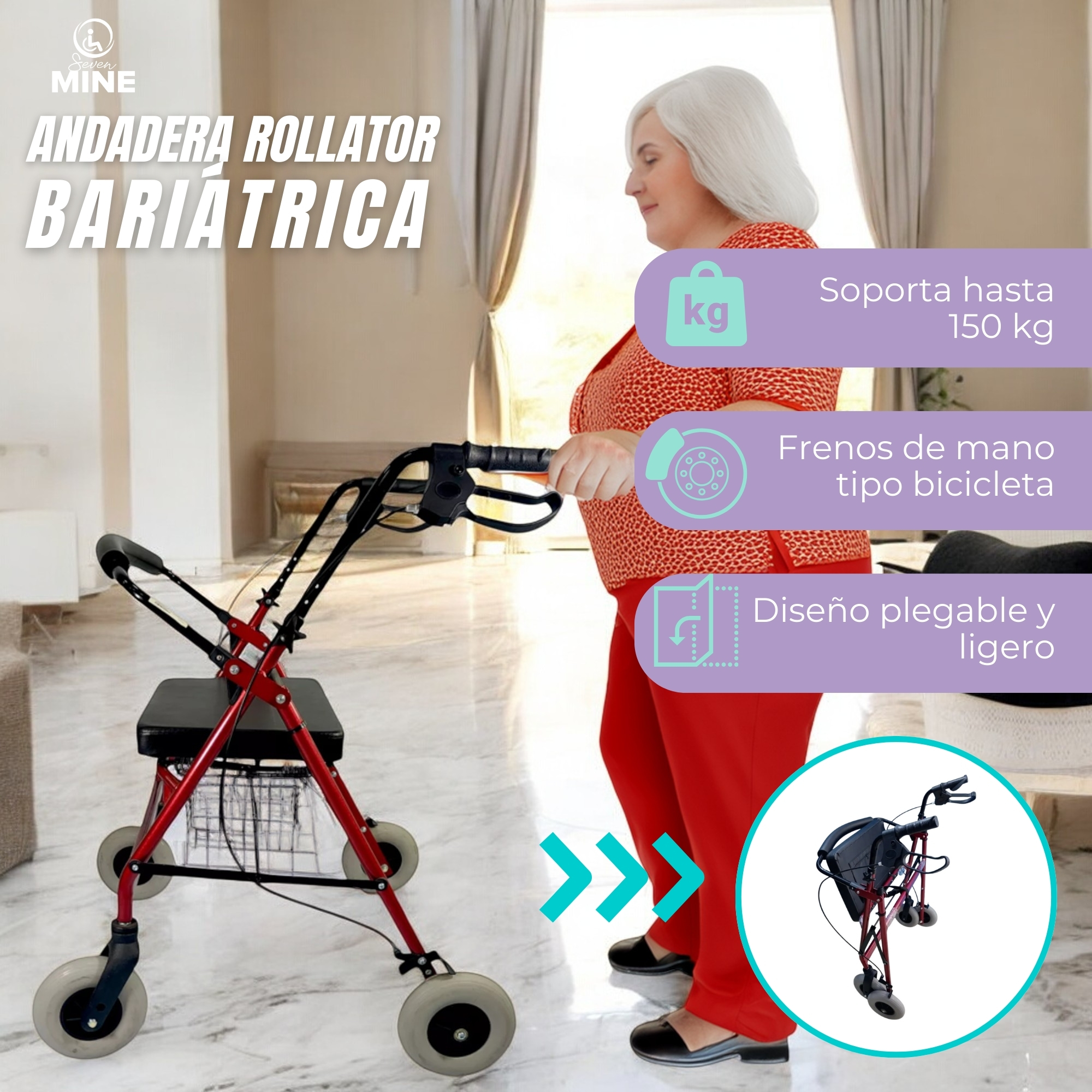 Foto 4 | Andadera Rollator Bariátrica |soporta150 Kg, Extra Ancha