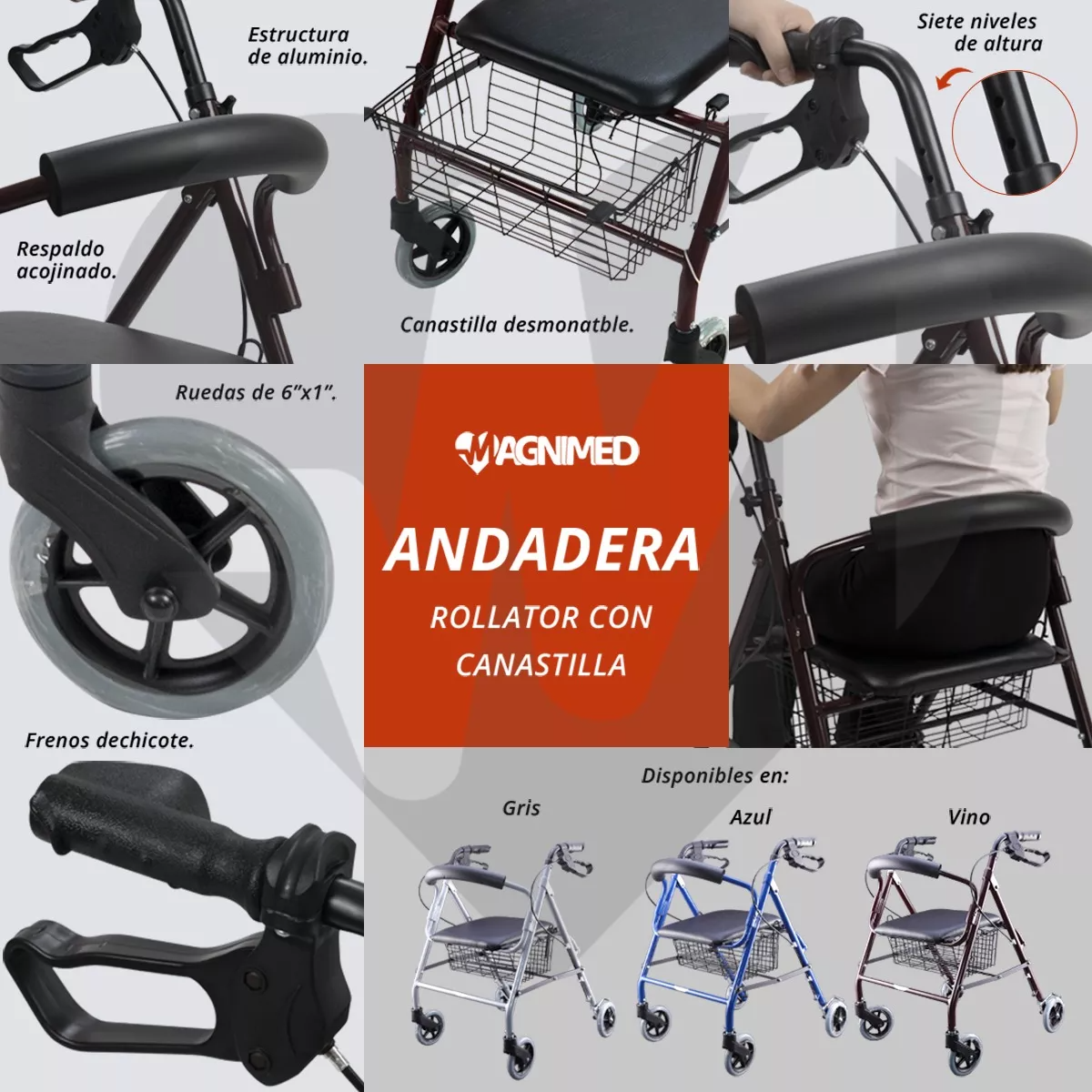 Foto 7 pulgar | Andadera Rollator Vino 2 En 1, Silla Y Andadera De Aluminio Con Frenos | Soporta Hasta 110kg