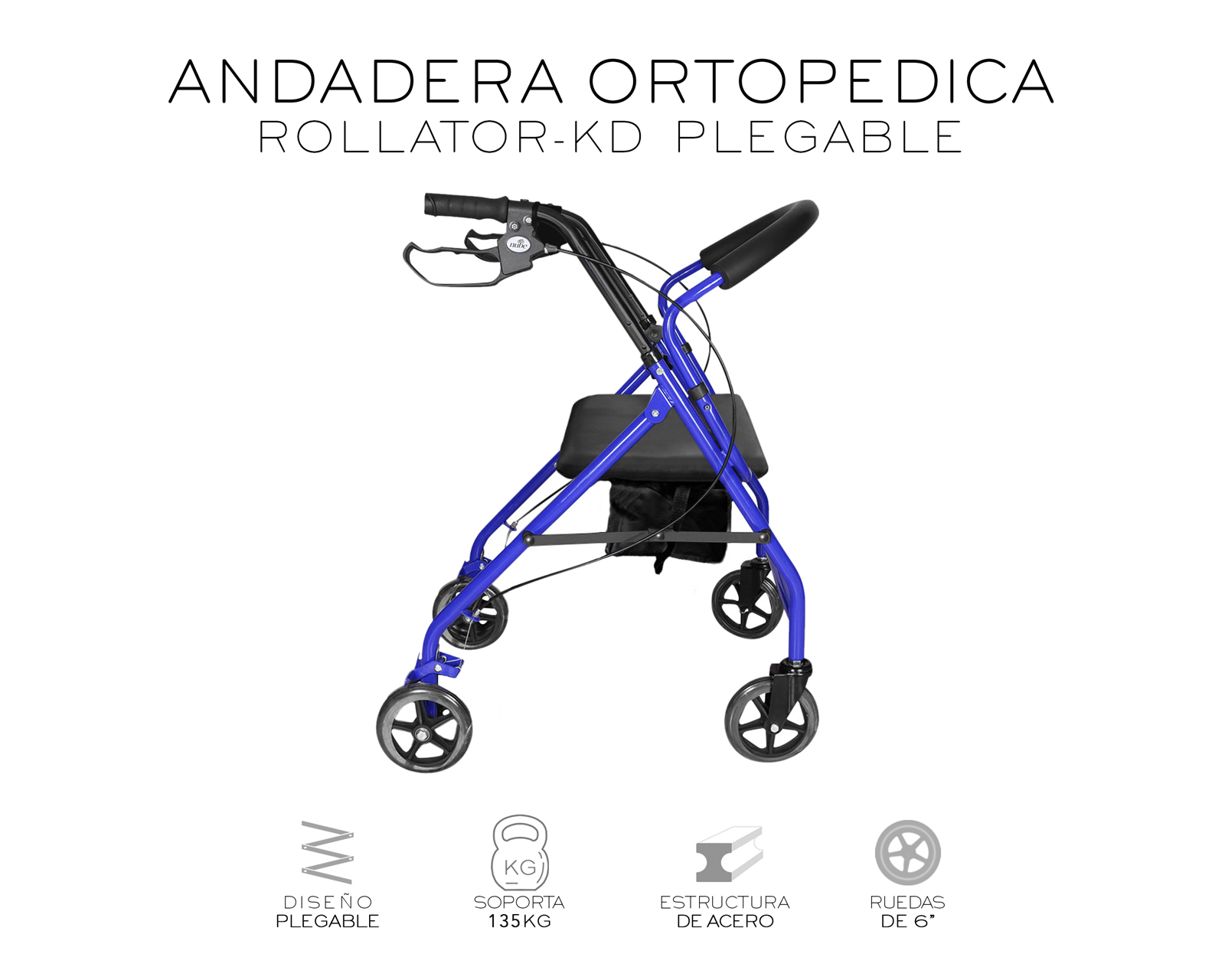 Foto 2 | Andadera Ortopédica Adulto Andadera Con Asiento Cuatro Ruedas Asiento Silla Altura Ajustable Todo Terreno Basitex C