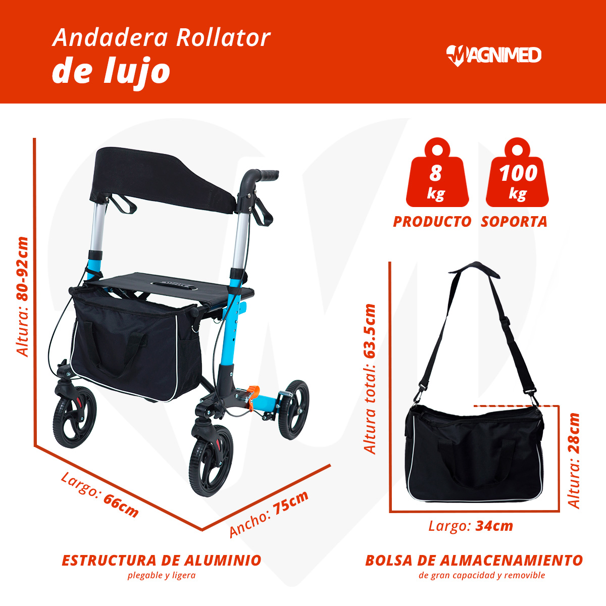 Foto 6 | Andadera Rollator Plegable De Lujo | Ligera, Compacta, Frenos De Seguridad Con Sistema De Bloqueo Y Bolsa De Almacena