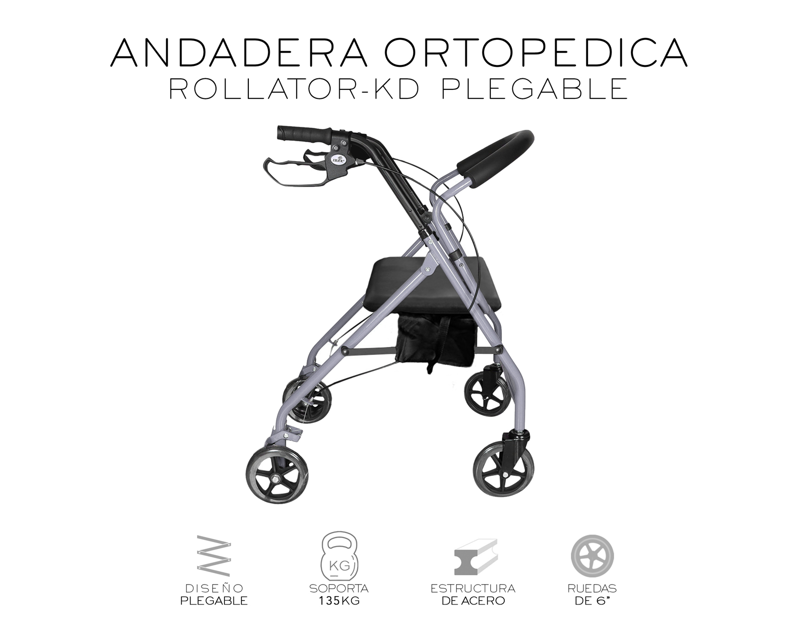 Foto 2 | Andadera Ortopédica Adulto Andadera Con Asiento Cuatro Ruedas Asiento Silla Altura Ajustable Todo Terreno Basitex C
