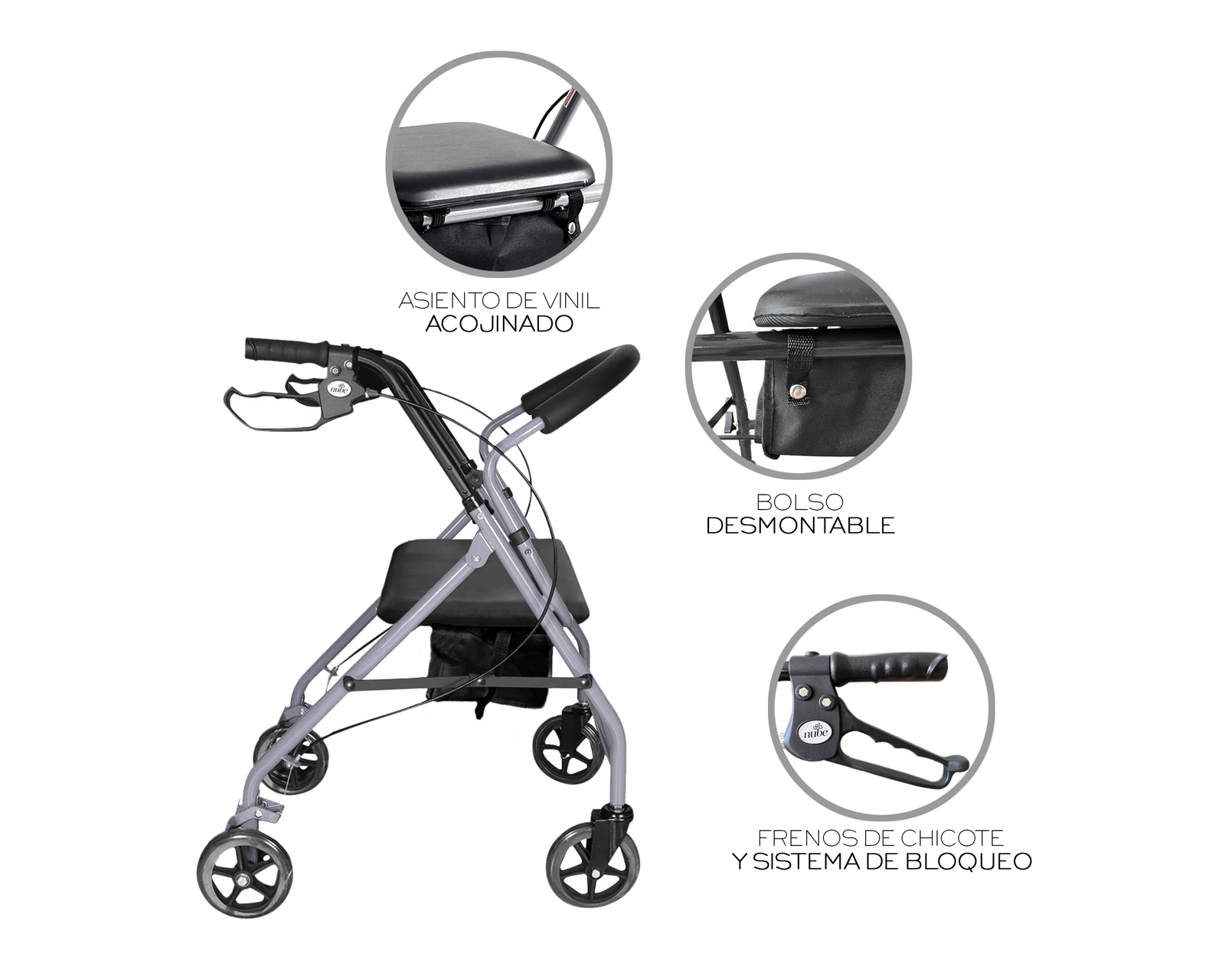 Foto 6 pulgar | Andadera Ortopédica Adulto Andadera Con Asiento Cuatro Ruedas Asiento Silla Altura Ajustable Todo Terreno Basitex C