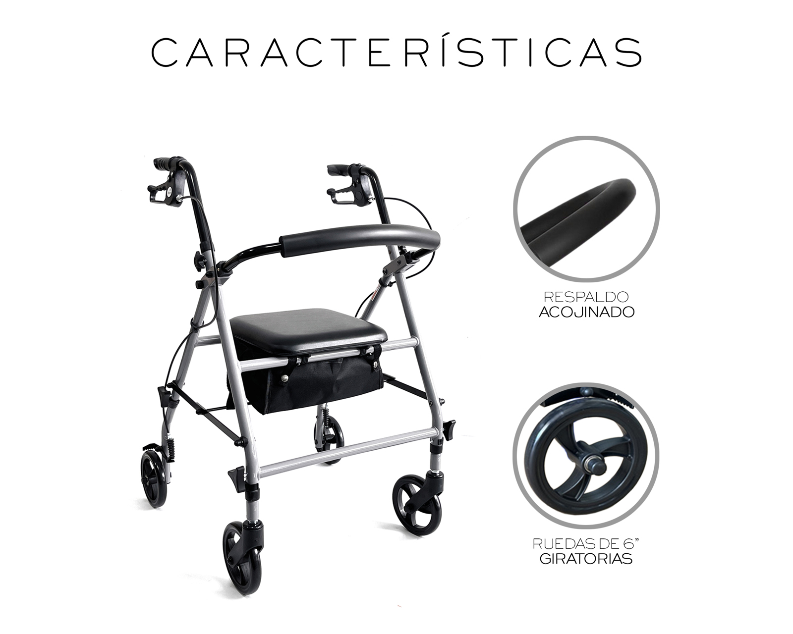 Foto 6 | Andadera Ortopédica Adulto Andadera Con Asiento Cuatro Ruedas Asiento Silla Altura Ajustable Todo Terreno Basitex C