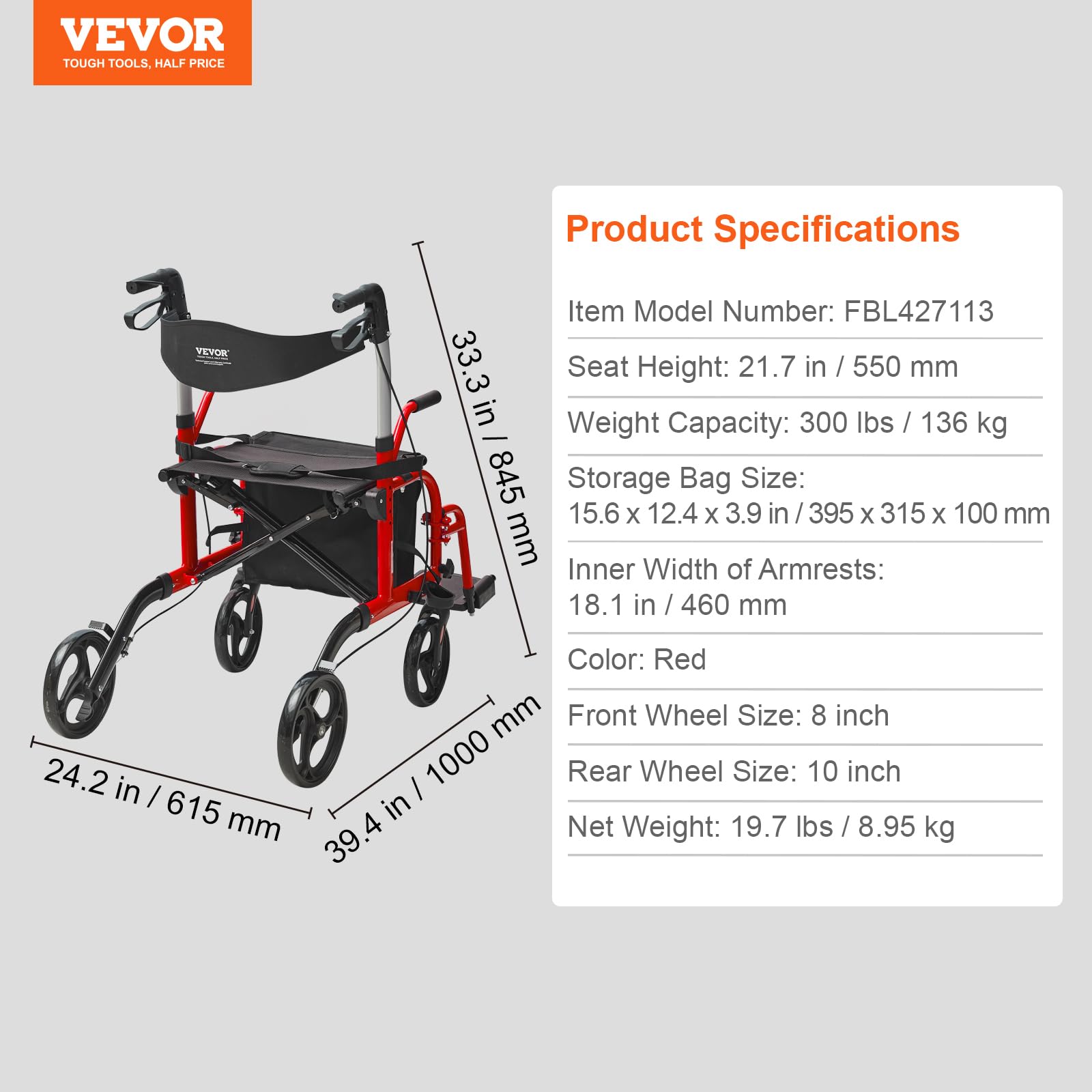 Foto 8 pulgar | Silla Rollator Walker & Transport Vevor 2 En 1 Para Personas Mayores - Venta Internacional.