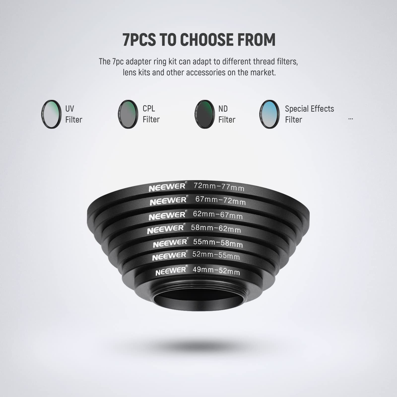 Foto 3 pulgar | Juego De Adaptadores De Filtro Step Up Rings Neewer De Aluminio De 49-77 Mm - Venta Internacional.