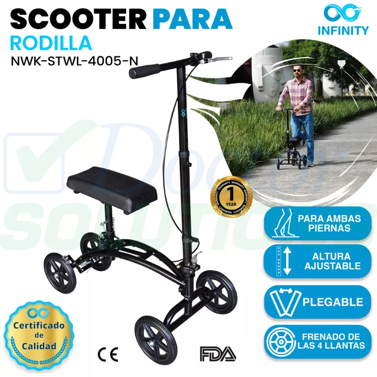 Foto 2 | Andadera Ortopédica para Rodilla Scooter Infinity Plegable y Ajustable en Altura Negro