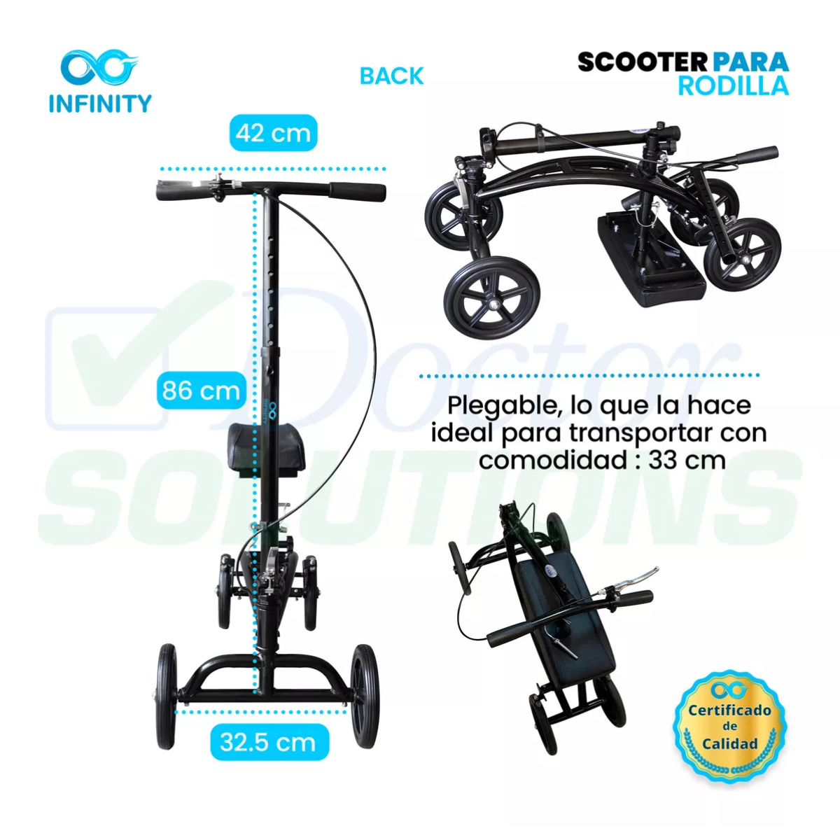 Foto 5 pulgar | Andadera Ortopédica para Rodilla Scooter Infinity Plegable y Ajustable en Altura Negro