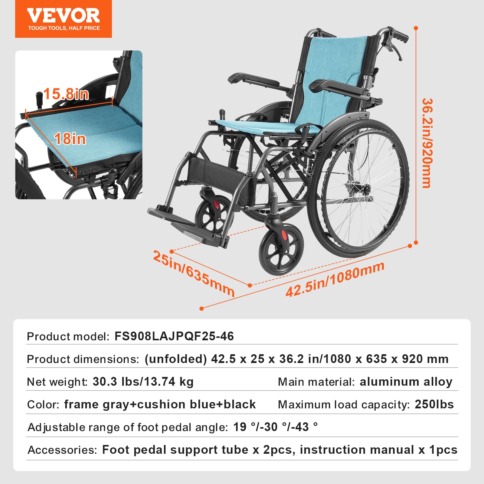 Foto 8 pulgar | Silla De Ruedas Vevor De Aleación De Aluminio Ultraligera De 250 Kg - Venta Internacional.