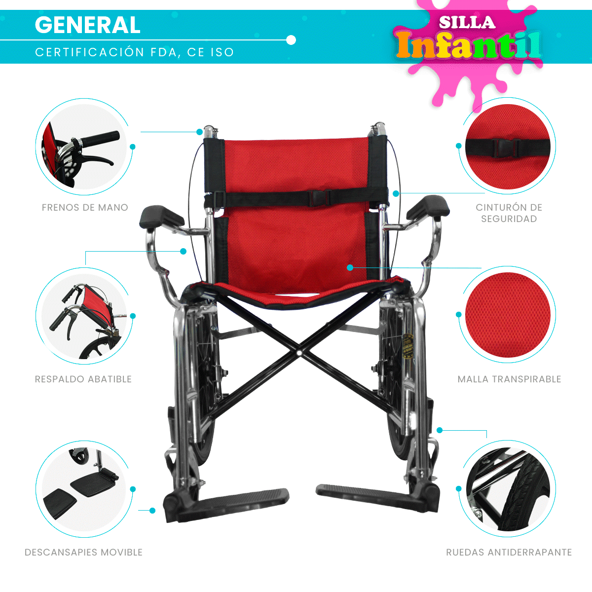 Foto 4 pulgar | Silla De Ruedas Linium Premium Plegable Ligera Infantil Pediátrica Roja