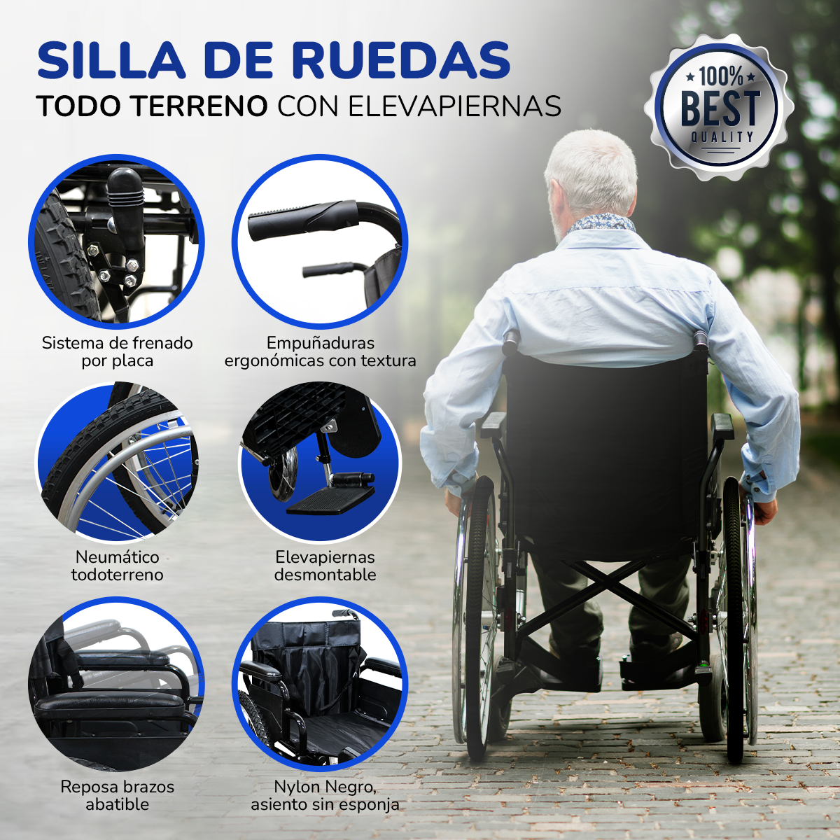 Foto 4 pulgar | Silla de Ruedas Todo Terreno con Elevapiernas y Bolsa Trasera
