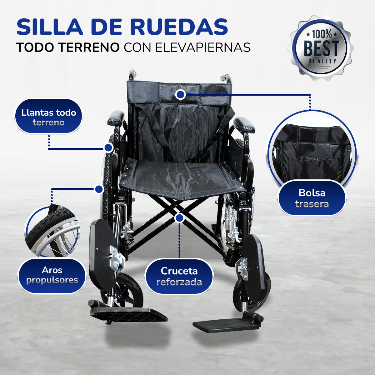Foto 7 pulgar | Silla de Ruedas Todo Terreno con Elevapiernas y Bolsa Trasera