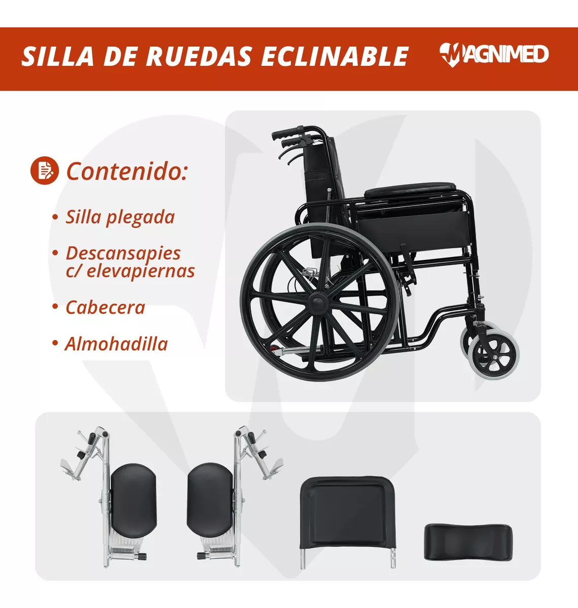 Foto 3 pulgar | Silla De Ruedas Reclinable Con Descansabrazos Y Elevapiernas Desmontables, Asiento Y Respaldo De Vinil, Rines Tipo Mag