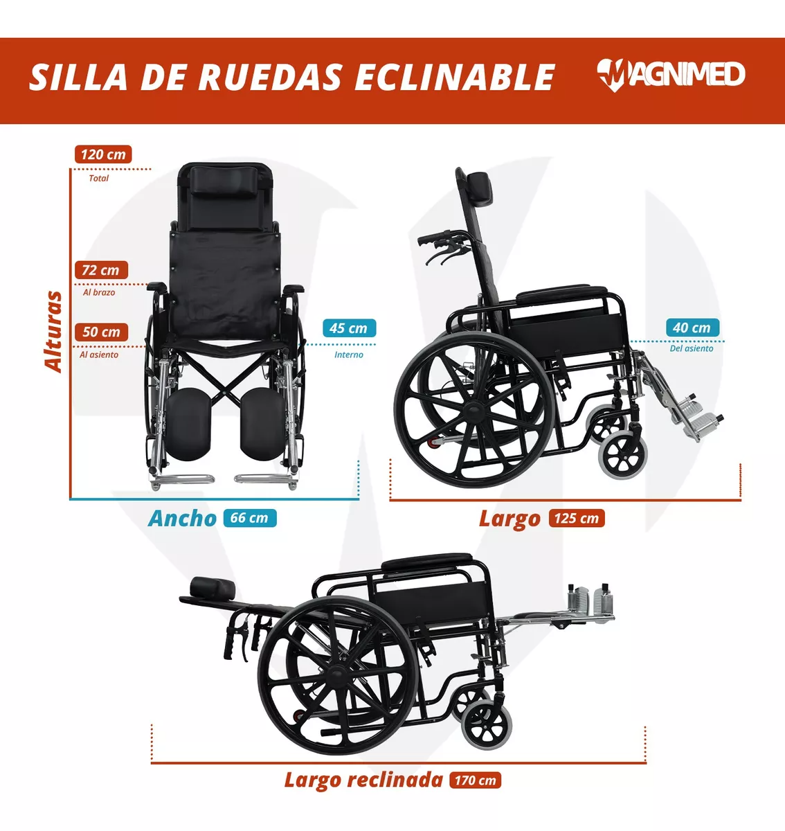 Foto 3 | Silla De Ruedas Reclinable Con Descansabrazos Y Elevapiernas Desmontables, Asiento Y Respaldo De Vinil, Rines Tipo Mag