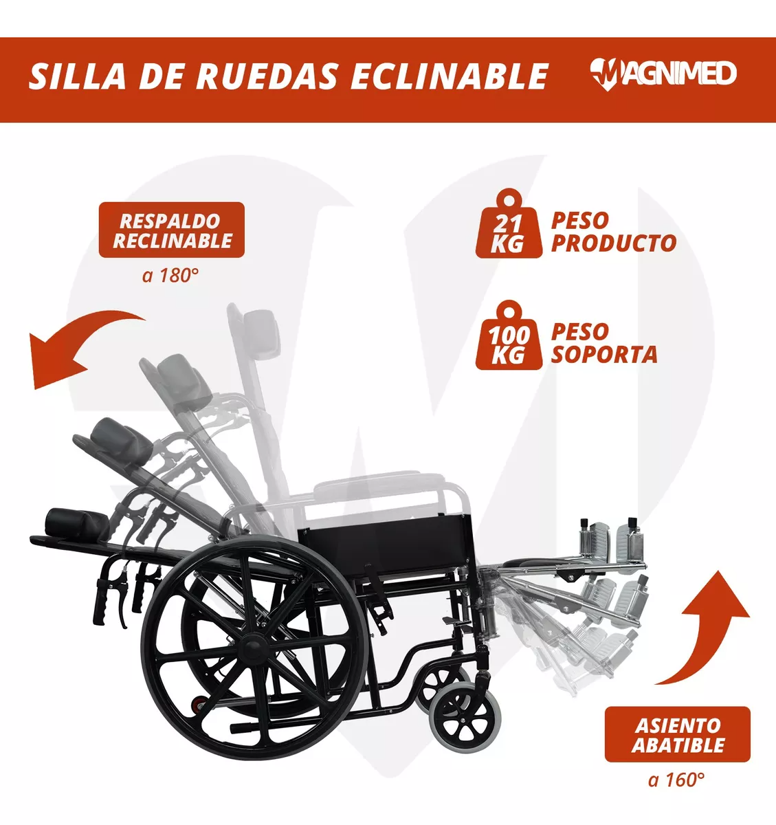 Foto 5 pulgar | Silla De Ruedas Reclinable Con Descansabrazos Y Elevapiernas Desmontables, Asiento Y Respaldo De Vinil, Rines Tipo Mag