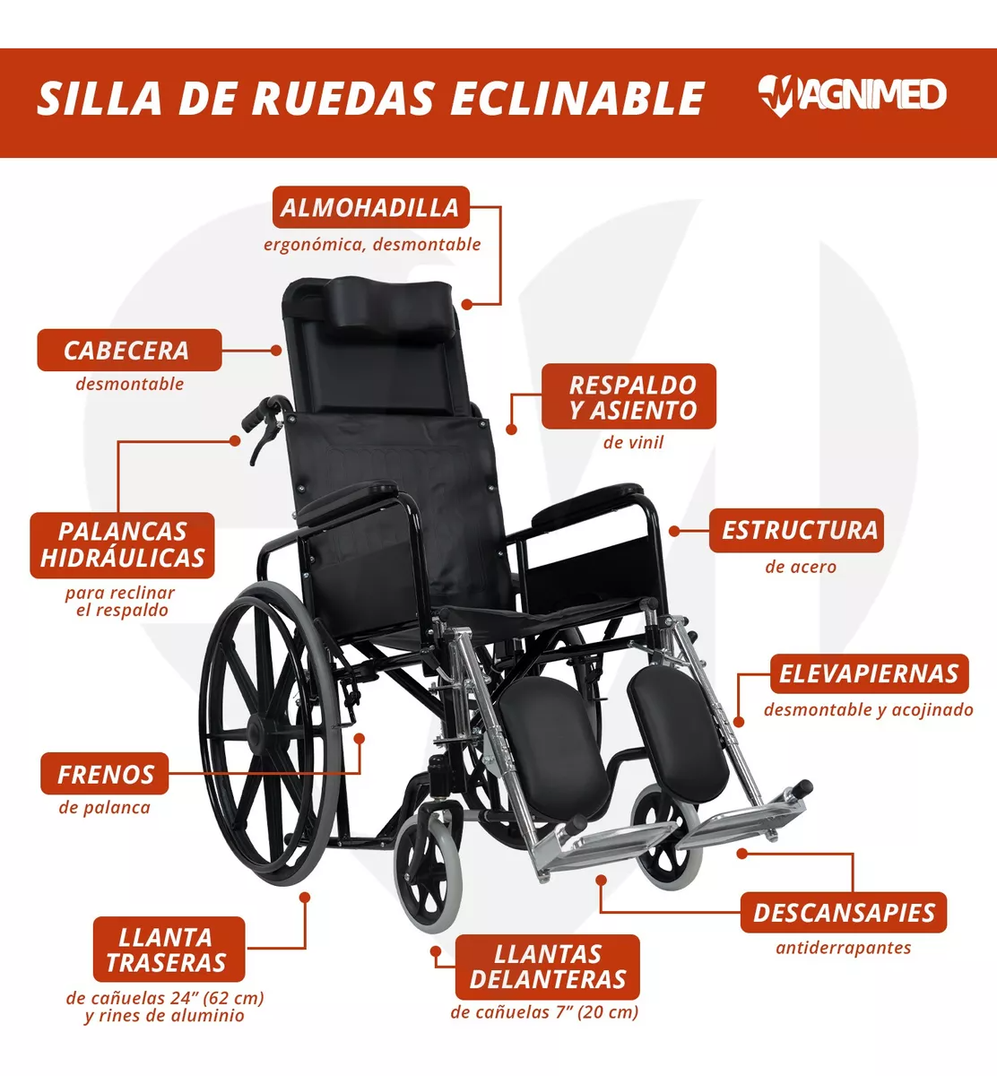 Foto 6 pulgar | Silla De Ruedas Reclinable Con Descansabrazos Y Elevapiernas Desmontables, Asiento Y Respaldo De Vinil, Rines Tipo Mag