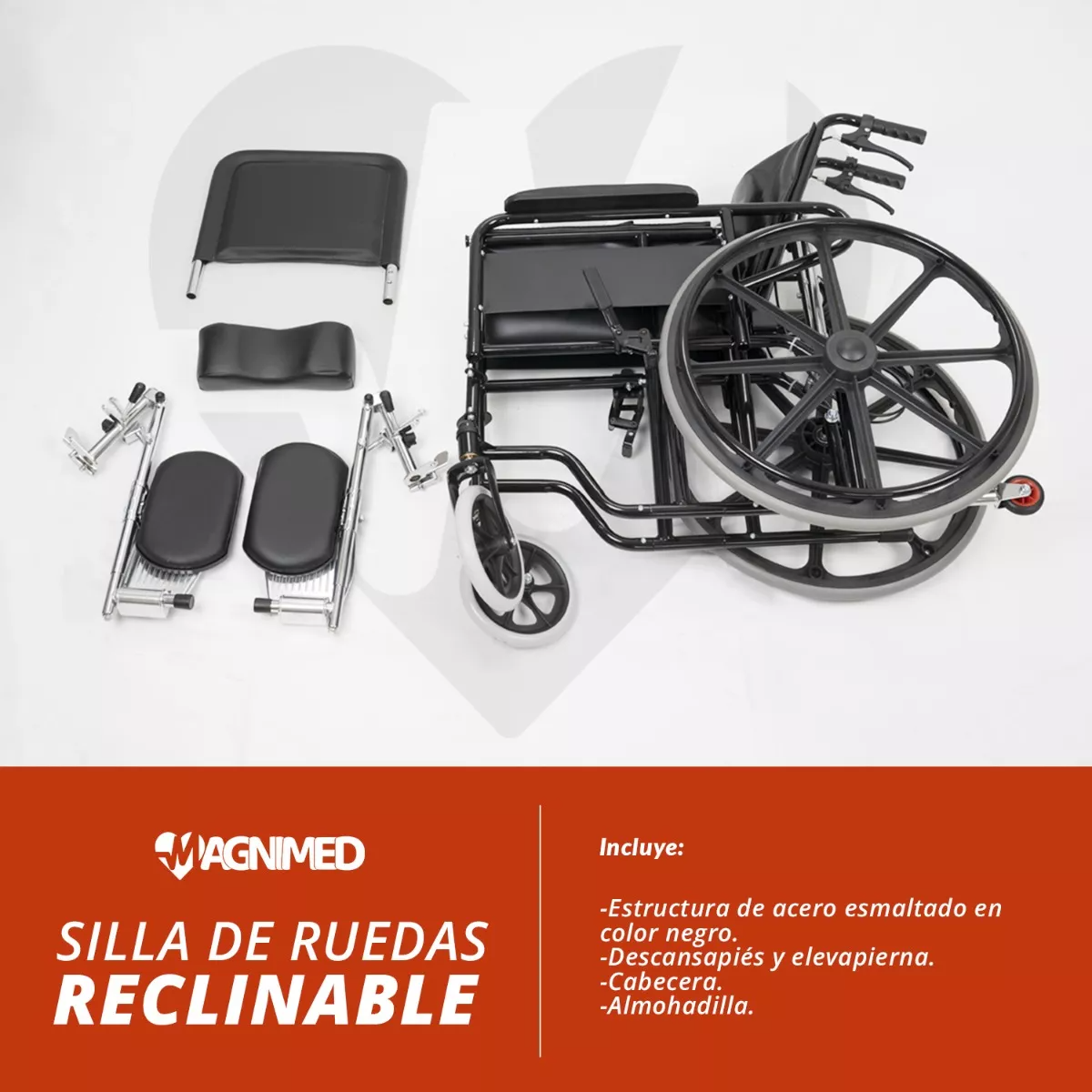 Foto 7 pulgar | Silla De Ruedas Reclinable Con Descansabrazos Y Elevapiernas Desmontables, Asiento Y Respaldo De Vinil, Rines Tipo Mag
