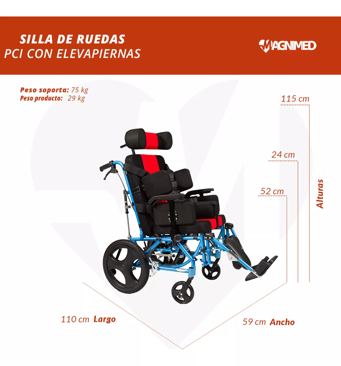 Foto 6 | Silla de Ruedas Pci Parálisis Cerebral Infantil 15'' de Acero Resistente con Elevapiernas