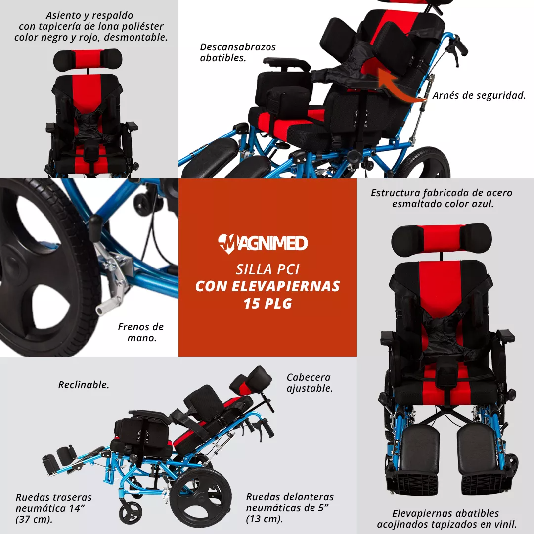 Foto 7 | Silla de Ruedas Pci Parálisis Cerebral Infantil 15'' de Acero Resistente con Elevapiernas