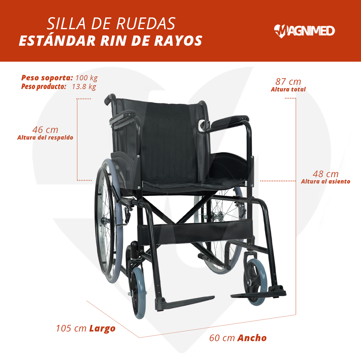 Foto 3 pulgar | Silla De Ruedas Estándar Rin De Rayos | Plegable, Respaldo Ajustable, Soporta Hasta 100 Kg